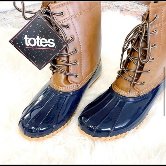 Totes waterproof boots rain boots snow winter lace up navy tan duck - Picture 2 of 6